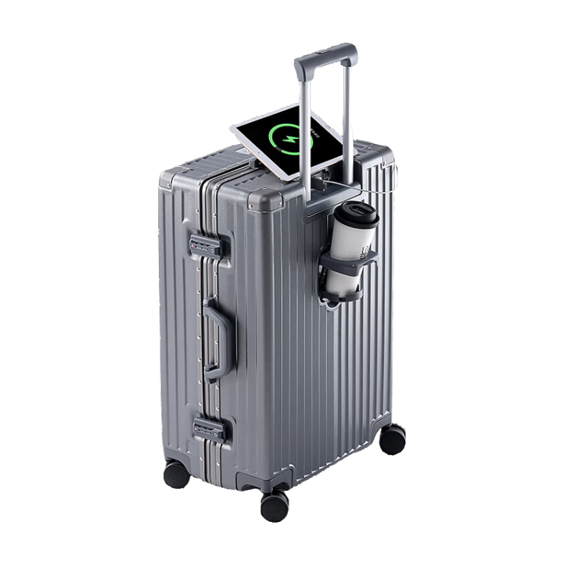 DULA Aluminum Frame Suitcase, Trolley Case with Cup Holder, Small Travel Password Lock, Rechargeable Carry-On Luggage, Starry Gray, 20 Inches