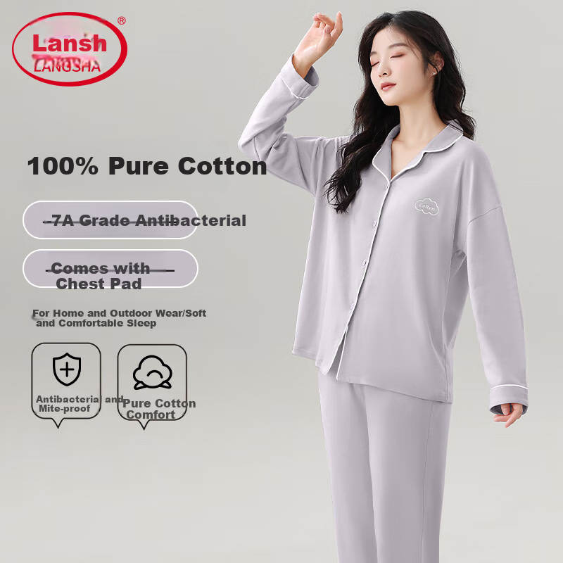 Женская пижама LangSha, комплект из 100% хлопка с вшитым бюстгальтером, весна-осень, длинный рукав, лацкан, домашняя одежда