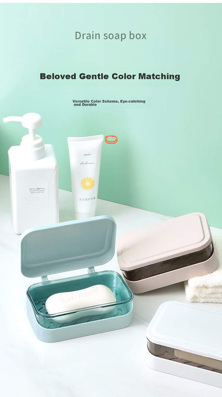 MENGTING Soap Dish, Flip-Top Creative Draining Soap Holder without Drilling, Bathroom Laundry Soap Box with Lid, Blue 3