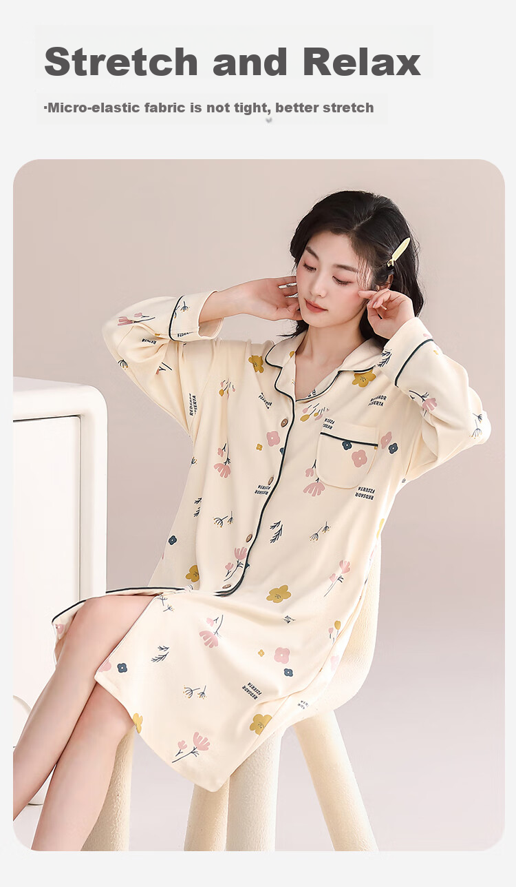MiiOW [Anti-Mite Antibacterial Pure Cotton] Women's Nightgown with Chest Pads, Floral Print Cardigan, Plus Size Loungewear, Apricot Color, XL 16