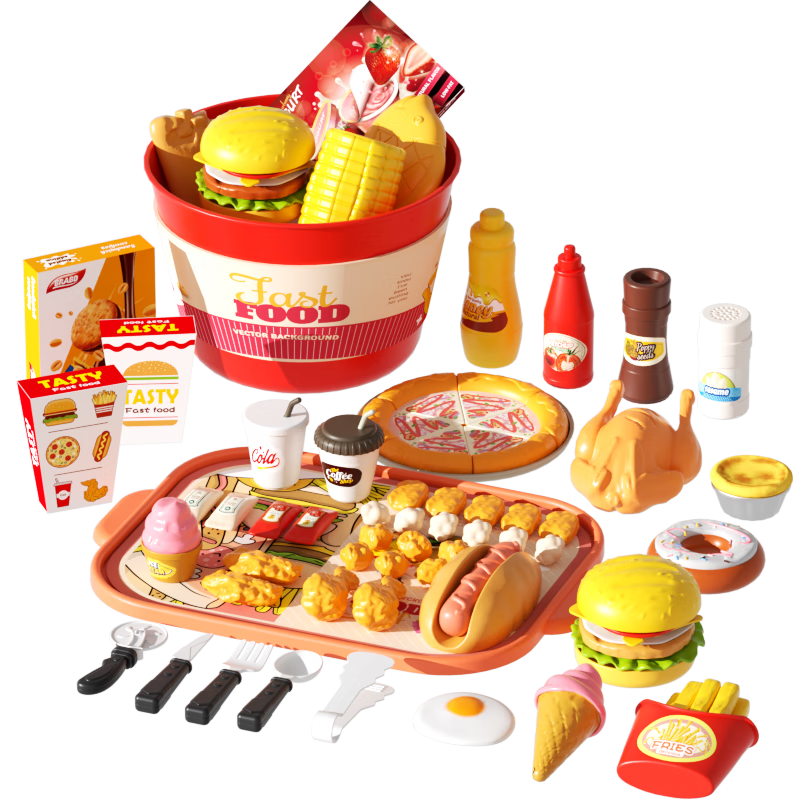Huangen Children's Pretend Play Hamburger, Ice Cream, Pizza, French Fries Meal Set, Realistic Food, Kitchen Cooking Toy