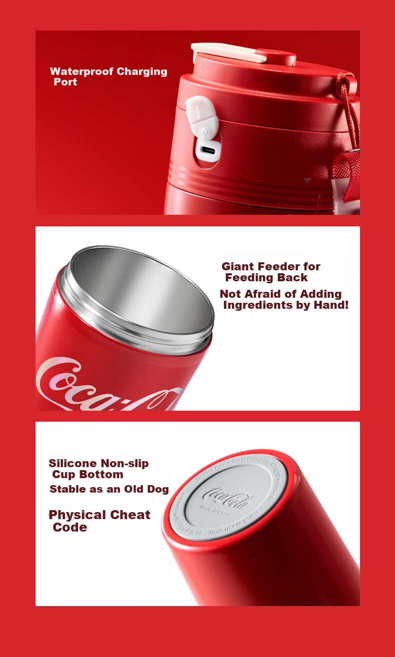Coca-Cola Juicer Cup, Small Portable Blender with Ice Crusher, Dual-Lid Juicing Machine, USB Rechargeable Juicer AH-60GZ01JR Red 16