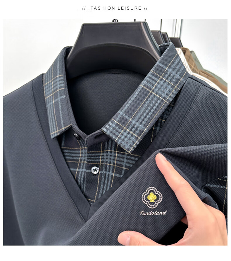 Pierre Cardin Men's Long Sleeve T-Shirt Spring Autumn Business Casual Two-in-One Polo Shirt Dark Gray XL 6