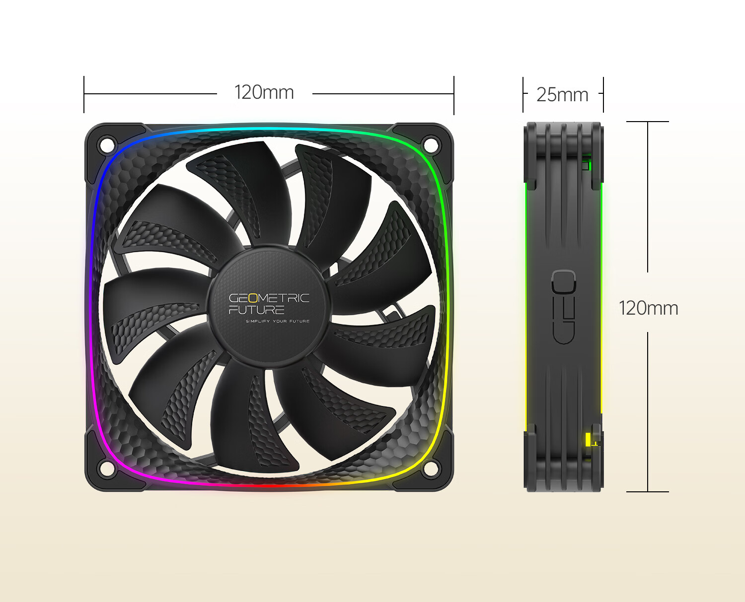 GeometricFuture Case Cooling Fan, Longshen 2503R Reverse Blade Fan, Black, ARGB Light Synchronization/PWM Speed Control, Single Pack 10