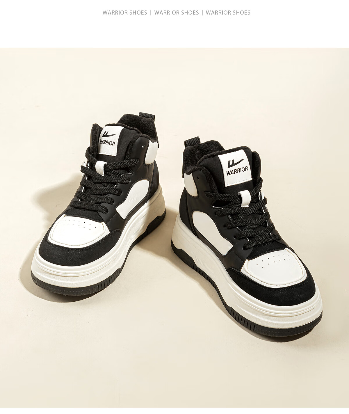 Warrior Women's Winter Fleece-Lined High-Top Sneakers Thick Sole Height Increasing Fashion Sports Casual Shoes White Black Size 39 16