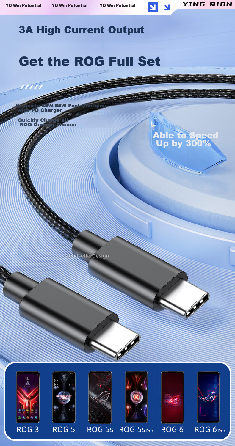Yingqian Compatible with ASUS ROG Data Cable, Dual Type-C Charging Cable, 65W PD Fast Charging, for ROG9/8/7/6/5/5s, Samsung S24/S23/S22/S21/S20 Phone Charger Cable 6
