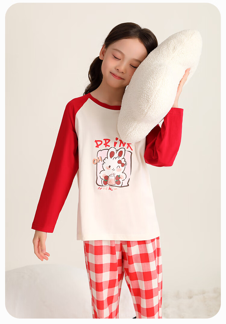 YUZHAOLIN Girls' Pajamas Spring Pure Cotton Children's Home Wear Set for Older Kids Simple Plaid Patter 14