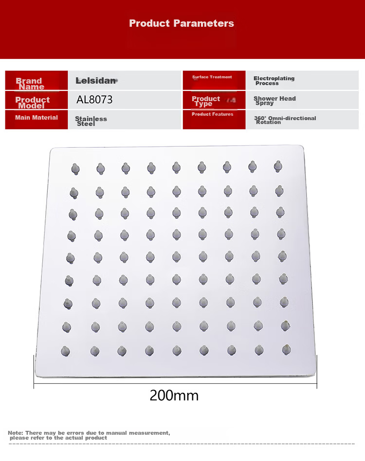 Larsd AL8073 Top Spray Shower Head, 304 Stainless Steel Shower Head, Heat-Resistant, Square Ultra-Thin Top Spray Head 10