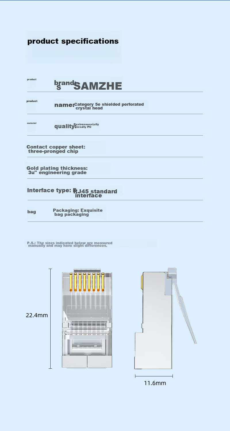 SAMZHE Cat5e Punch-Down RJ45 Connector, Gigabit Shielded Gold-Plated Computer Network Connector, Cat5e Engineering Through-Hole Crystal Head, 10 Pieces PCKT510 15