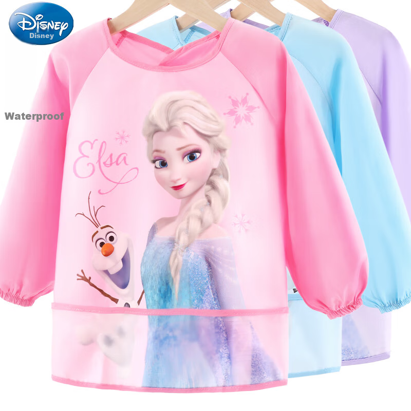 Disney Children's Smock, Girls' Waterproof Apron, Painting Clothes, Baby Eating Bib, Food Apron, 7104 Ice Pink, Size L