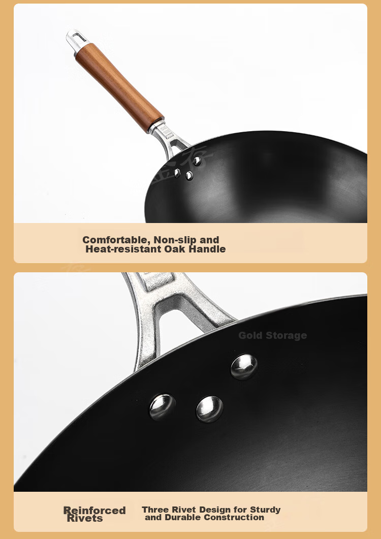 Jincun Wok Iron Pan Lightweight Stir-Fry Pan Non-Coated Rust-Resistant Round Bottom Pure Iron Non-Stick for Gas Stove 34cm 11