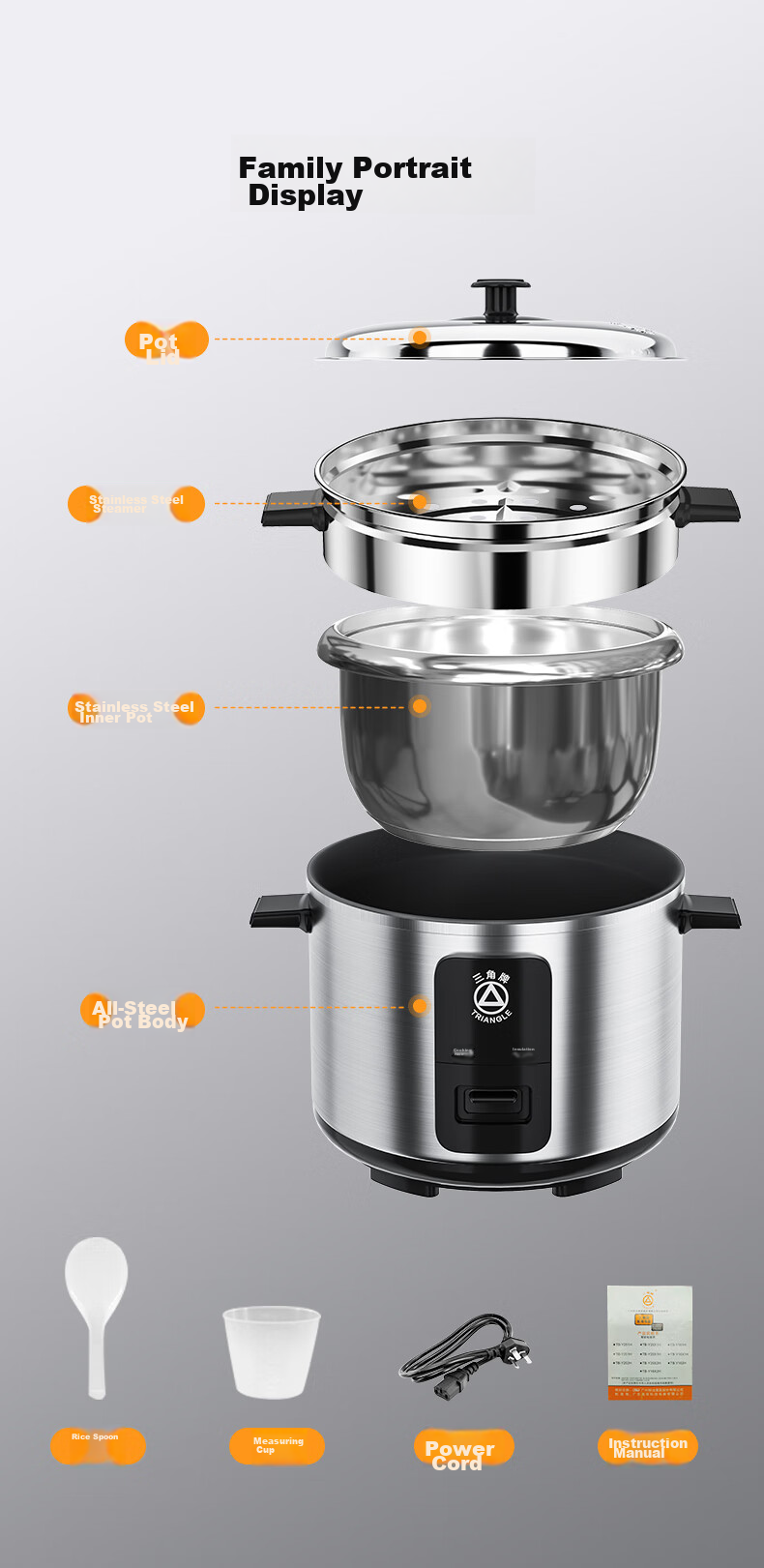 Triangle Rice Cooker, Traditional Electric Rice Pot, Stainless Steel Household 4L Cooking Pot for 3-4 People, 304 Stainless Steel Inner Pot with Steamer, TG-Z40X12ZK 15