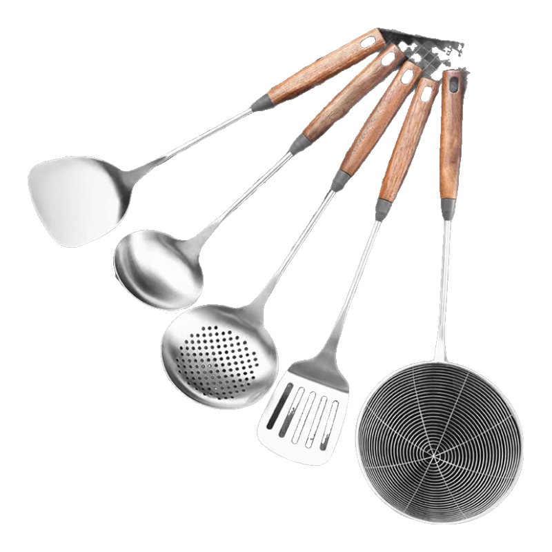 PINYU 304 Stainless Steel Kitchen Utensil Set of 3: Spatula, Soup Ladle, Strainer with Walnut Wood Handles