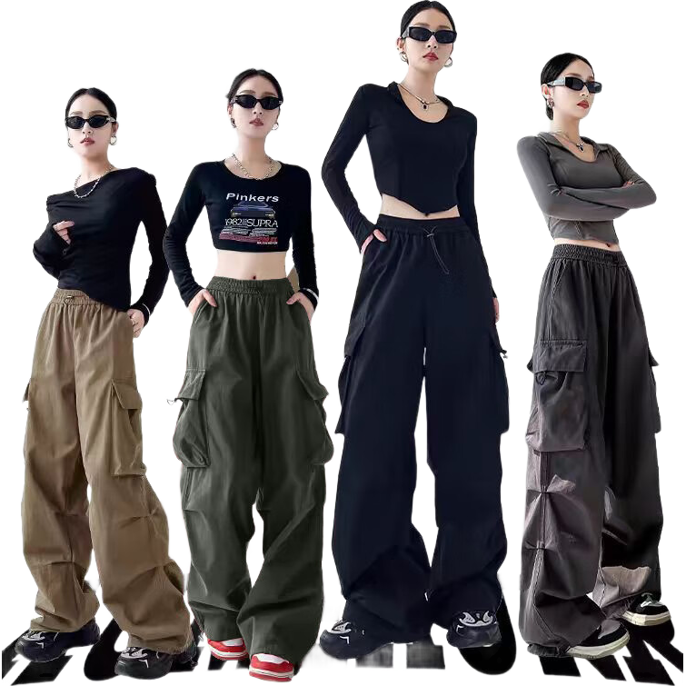 FitonTon Women's Spring Parachute Cargo Pants High Waist Wide Leg Slim Straight Drawstring Casual Sports Pants L