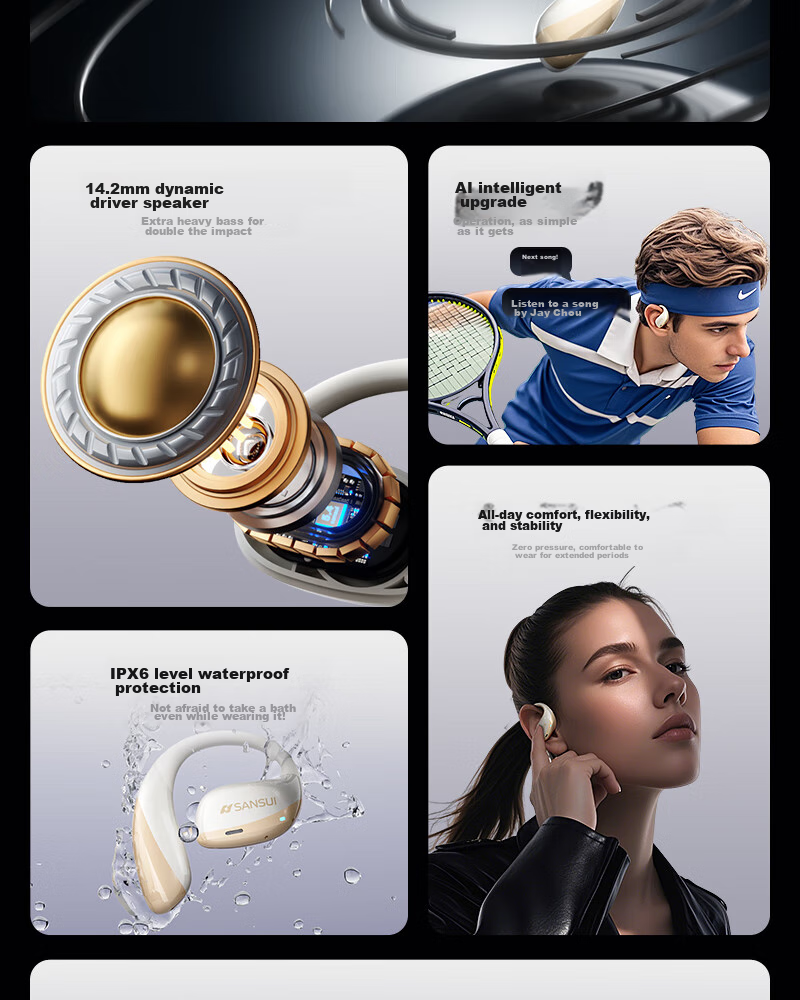 SANSUI [Major New Product | Three Major Upgrades] T19/W19 Bluetooth Headphones, Over-Ear Bone Conduction Concept, Non-In Open Wireless Noise-Cancelling Sports Headphones, Compatible with Xiaomi 5
