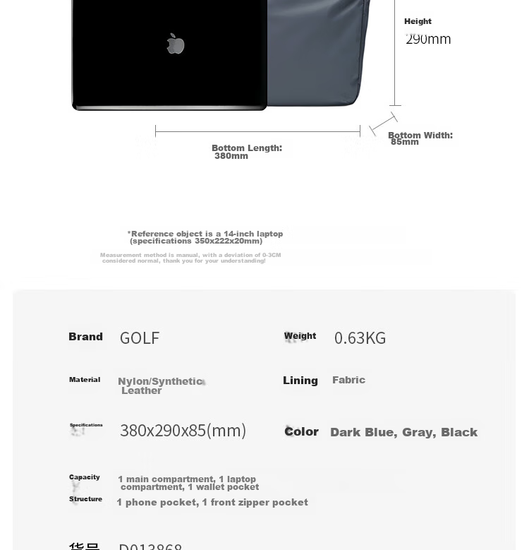 GOLF Business Briefcase, Men's Casual Large-Capacity Handbag, Can Fit 14-Inch Laptop, Fashionable Multifunctional Shoulder Crossbody Bag, 6J679424J Black 15