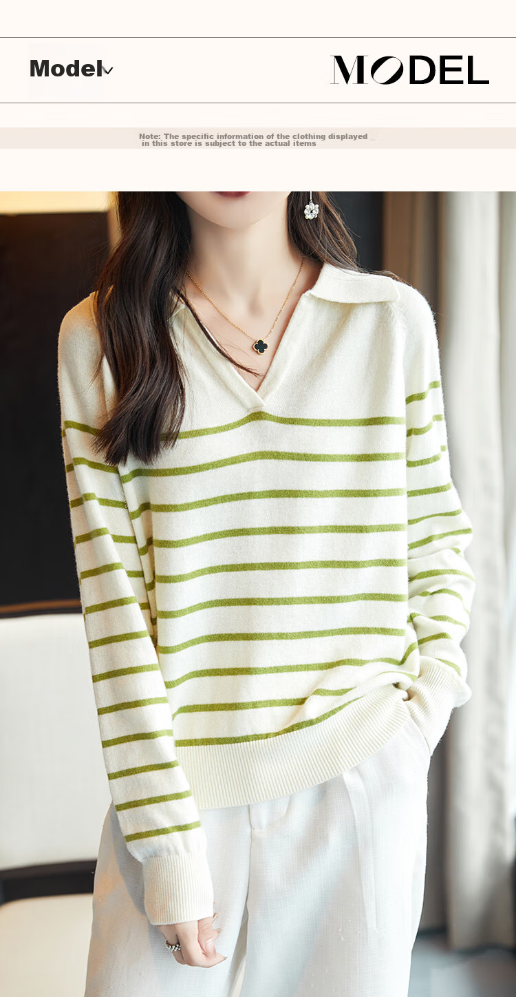Dme Wool V-Neck Striped Sweater, Elegant And Relaxed Women's Wool Sweater, Black, L 18