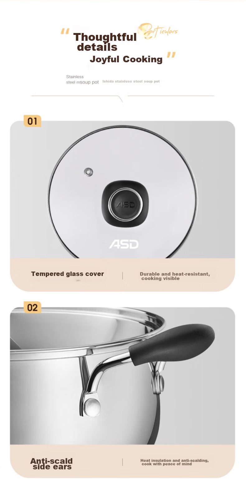 ASD Soup Pot, 304 Stainless Steel Steaming Pot, Thickened Bottom Stew Pot, Milk Pot, 24CM, Compatible with Gas And Induction Stoves, B1 13