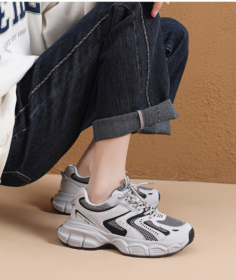 ZHR Spring And Autumn Dad Shoes for Women, Versatile Thick-Soled Casual Shoes, Breathable Mesh Sports Shoes for Women, BV63, Dark Gray, Size 35 28