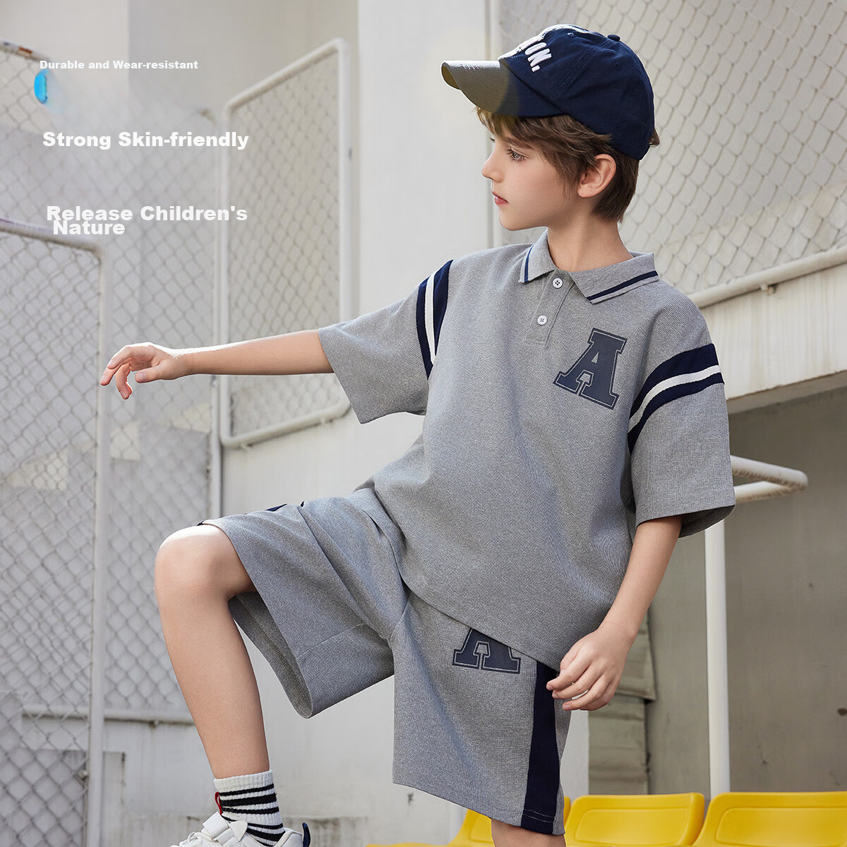 ASK JUNIOR Children's Outfit for Boys, Summer Breathable Preppy Style Polo Shirt And Loose Sports Shorts Two-Piece Set, Gray 5