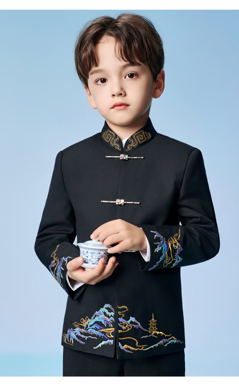 Romon Boys' Zhongshan Suit Set Traditional Chinese Style New Chinese Style Children's Host Performance Suit Black 170 13