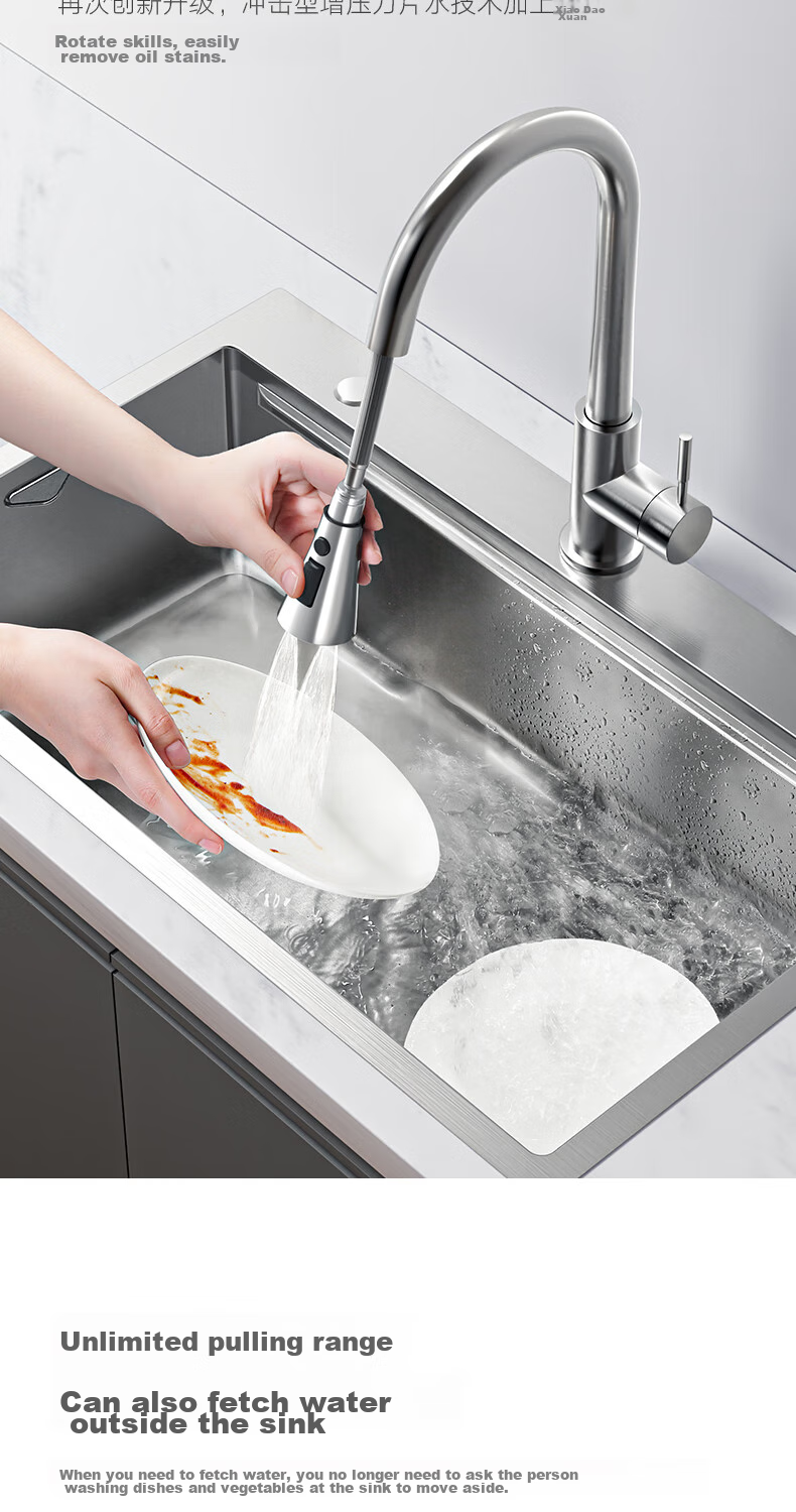 HIGOLD Kitchen Stainless Steel Pull-Out Faucet, Sink Hot And Cold Faucet with Automatic Retraction, Classic Brushed Finish 3