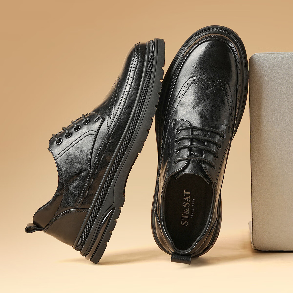 St&Sat Men's Shoes, Top-Grain Leather, Versatile Business Formal Shoes, Lace-Up Comfortable Brogue Leather Shoes for Men, Black, Size 41