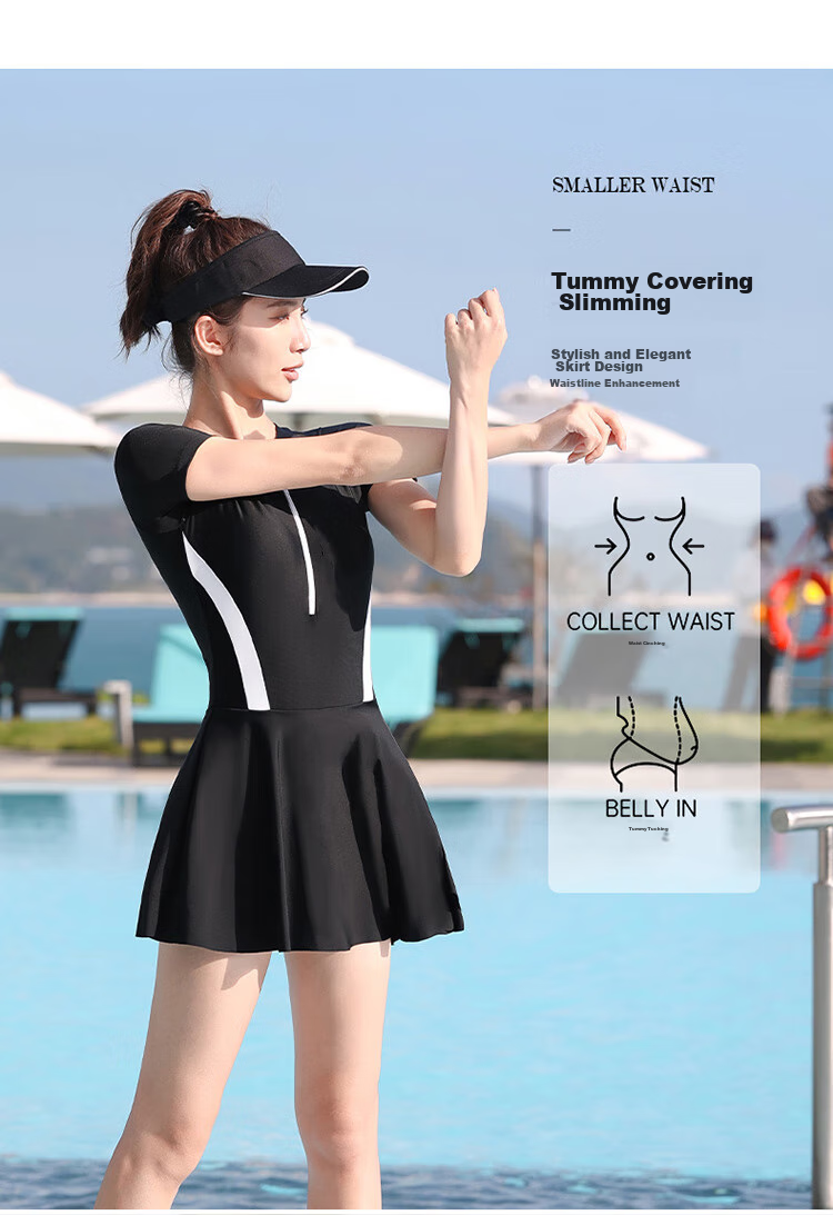 LangSha Women's Summer Ice Silk Short Sleeve Skirt One-Piece Slim Quick-Dry Hot Spring Beach Swimwear 5