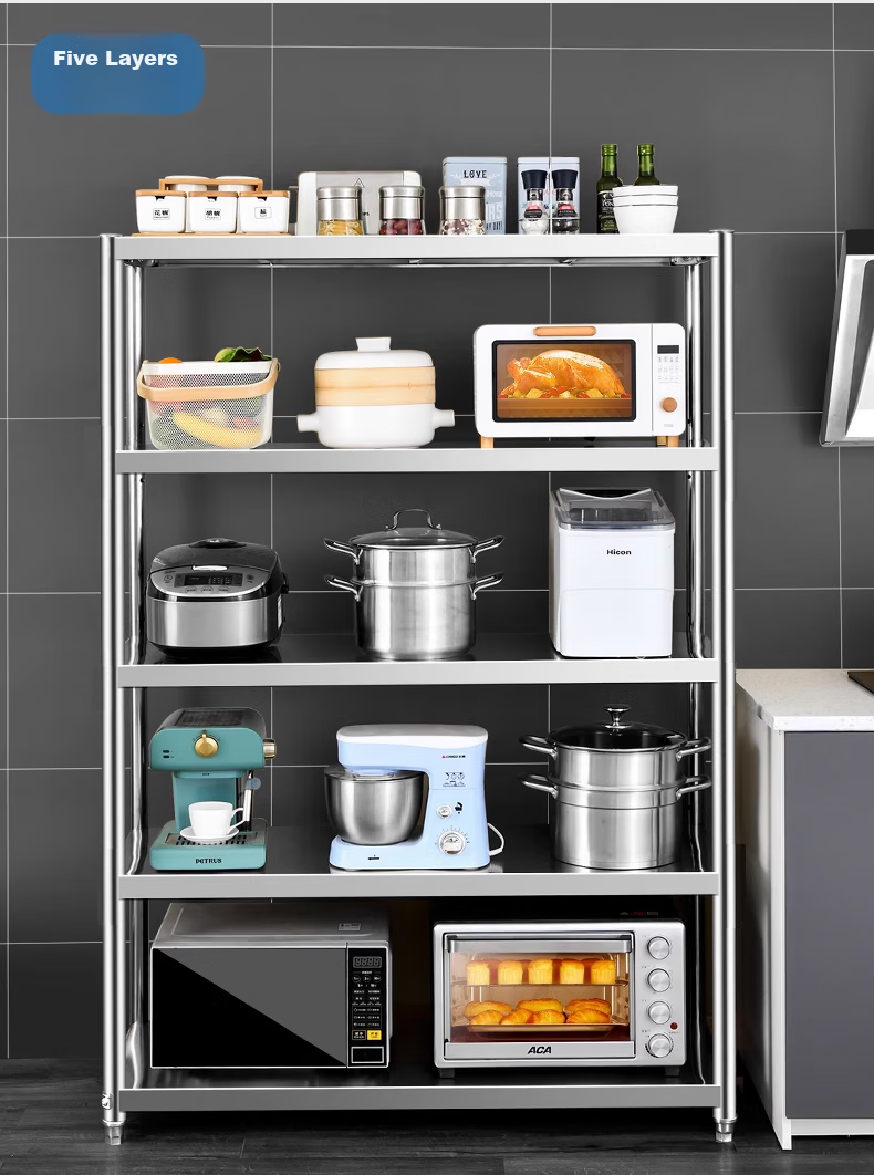 UOEN Stainless Steel Kitchen Multi-Functional Storage Rack, Multi-Layer Floor-Standing Household Cabinet, Microwave Oven Workbench Storage Shelf 5