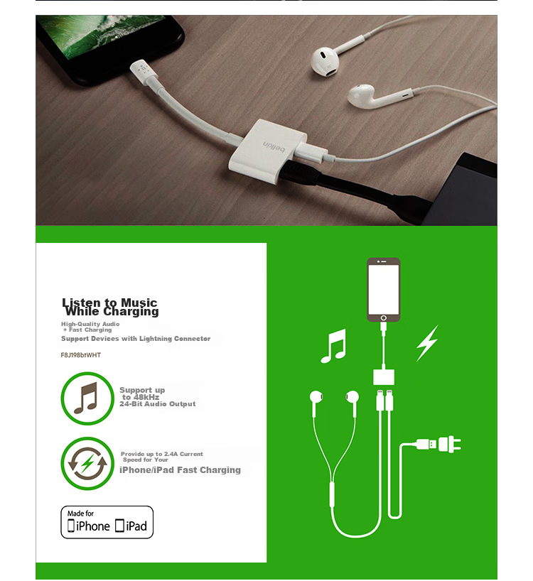 BELKIN Apple Lightning to Dual Adapter, IPhone Expansion Cable, Splitter for Music And Charging, F8J198 7