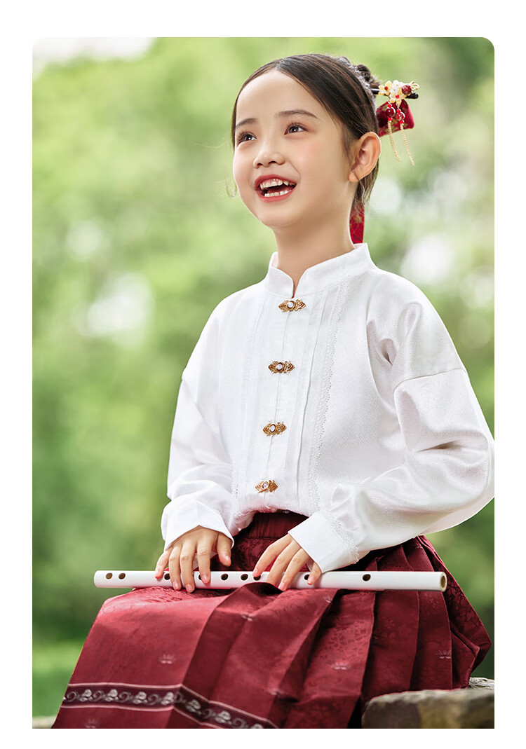 QQ DUCK Children's Hanfu Costume Set for Girls with Horse-Face Skirt, Student And Teen Clothing, Beige Deer Color + Wine Red; Size 120 11