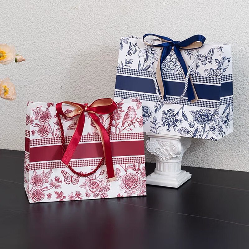 Ouliwen High-Quality Exquisite Gift Bags, Blue Floral Pattern, 25x20x10cm, Pack of 5, Ideal for Gifting, Ribbon, Favor Bags, Small Paper Bags