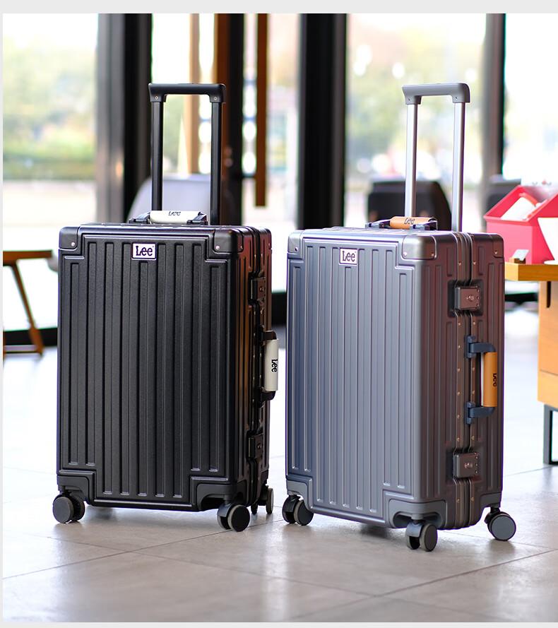 Lee High-Quality Aluminum Frame Multifunctional Suitcase with Leather Handle, Large Capacity Password Lock Travel Case, Black, 24 Inches 4