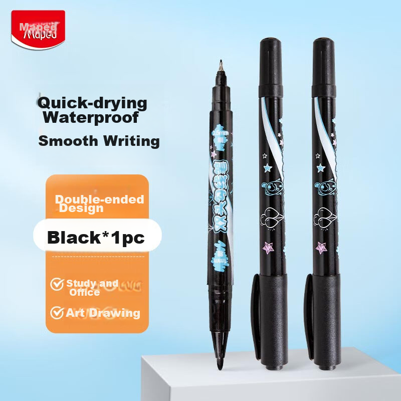Maped Dual-Tip Marker Pen in Black, Art Line Pen for Elementary School Students And Children, Oil-Based Waterproof Large And Small Dual-Tip Thick And Thin Outlining Pen for Handwritten Notes And Journaling 746610CH