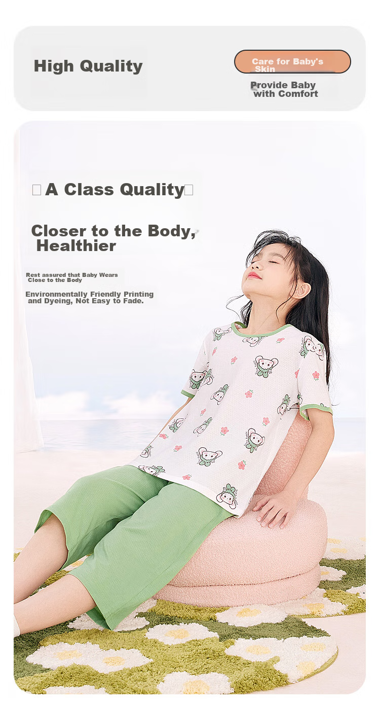 Hodohome Children's Pajamas for Girls, Summer Thin A-Class 40S Pure Cotton Home Wear Short-Sleeve Mesh Breathable Air Conditioning Suit 310 Two 160 5