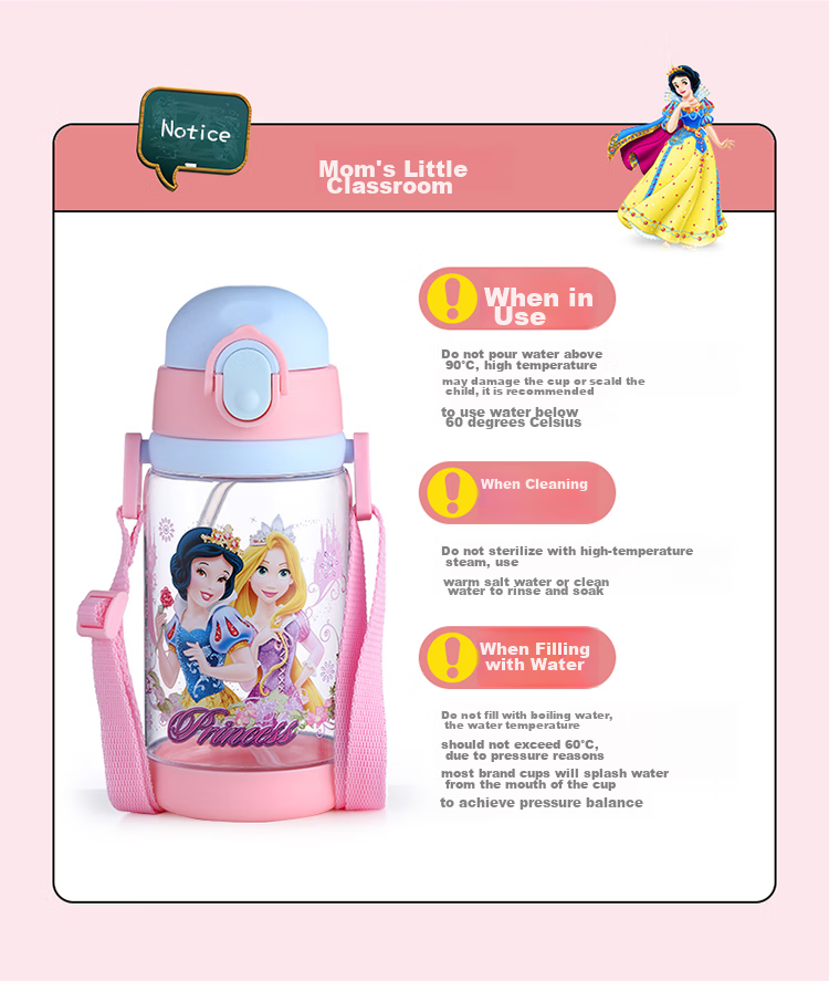 Disney Kids Water Bottle with Straw Large Capacity High Temperature Resistant Plastic Water Bottle Double Lid Drinking Cup for Boys and Girls Elementary Students 16