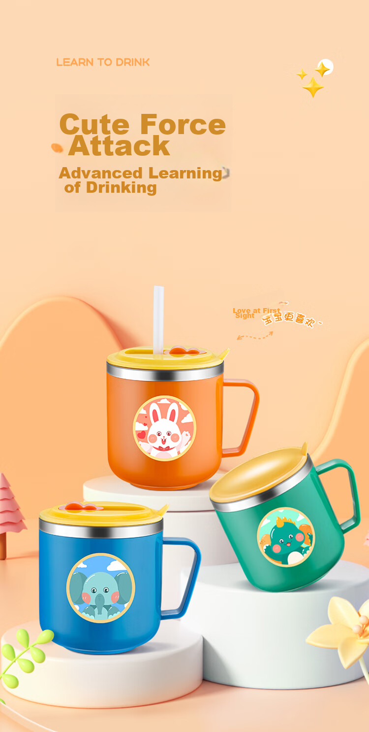 COOKSS Children's Water Cup Milk Cup 316 Stainless Steel Training Cup for Babies 1-3 Years Old with Straw And Scale Markings Gree 1