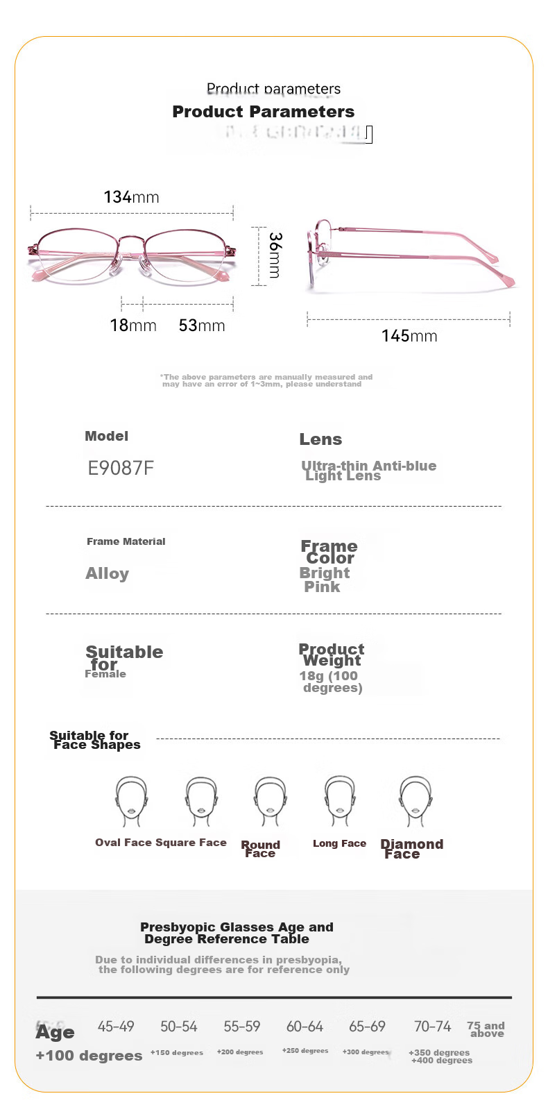 Xiyanghong Reading Glasses for Women, High Definition Anti-Blue Light, Fashionable Elegant Middle-Aged And Elderly Ultra-Light Reading Glasses E9087F 100 Degrees 7