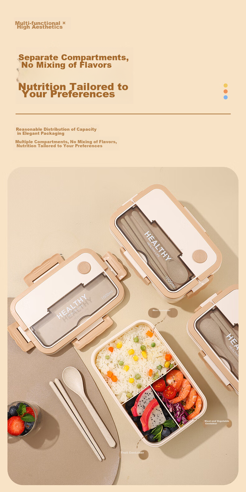 Guangyi Microwave Lunch Box, Large Capacity Student Plastic Bento Box, Food Storage Container with Utensils, 1500ml, GY8539 5