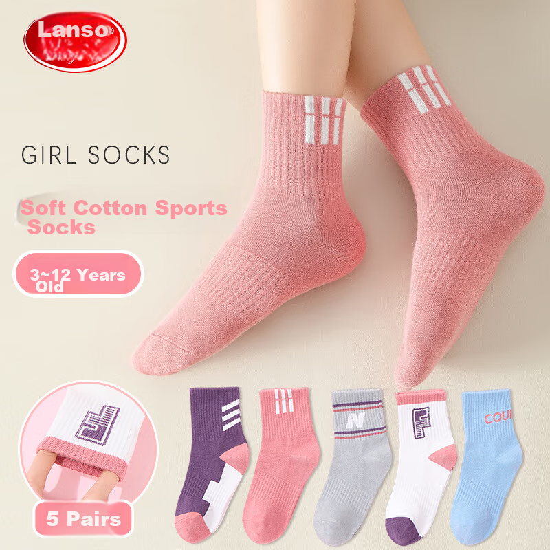LangSha Children's Socks, Girls' Mid-Calf Cotton Socks for All Seasons, High-Elastic Comfortable Casual Socks for Kids And Students, 5 Pairs Per Pack