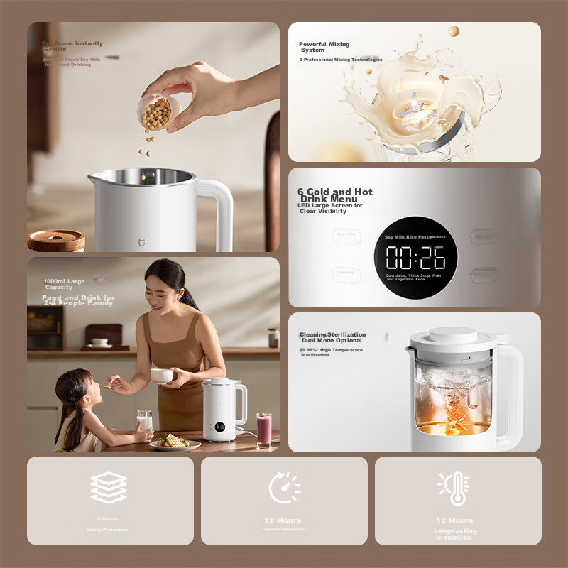 Mijia Xiaomi Soy Milk Maker 1L, Quiet Operation for Home Use, Fully Automatic Multifunctional, Serves 2-3 People, No Cooking Or Soaking Required, No Filtering Needed, Pulp-Free Blender, 12-Hour Reservation/warming Functio
