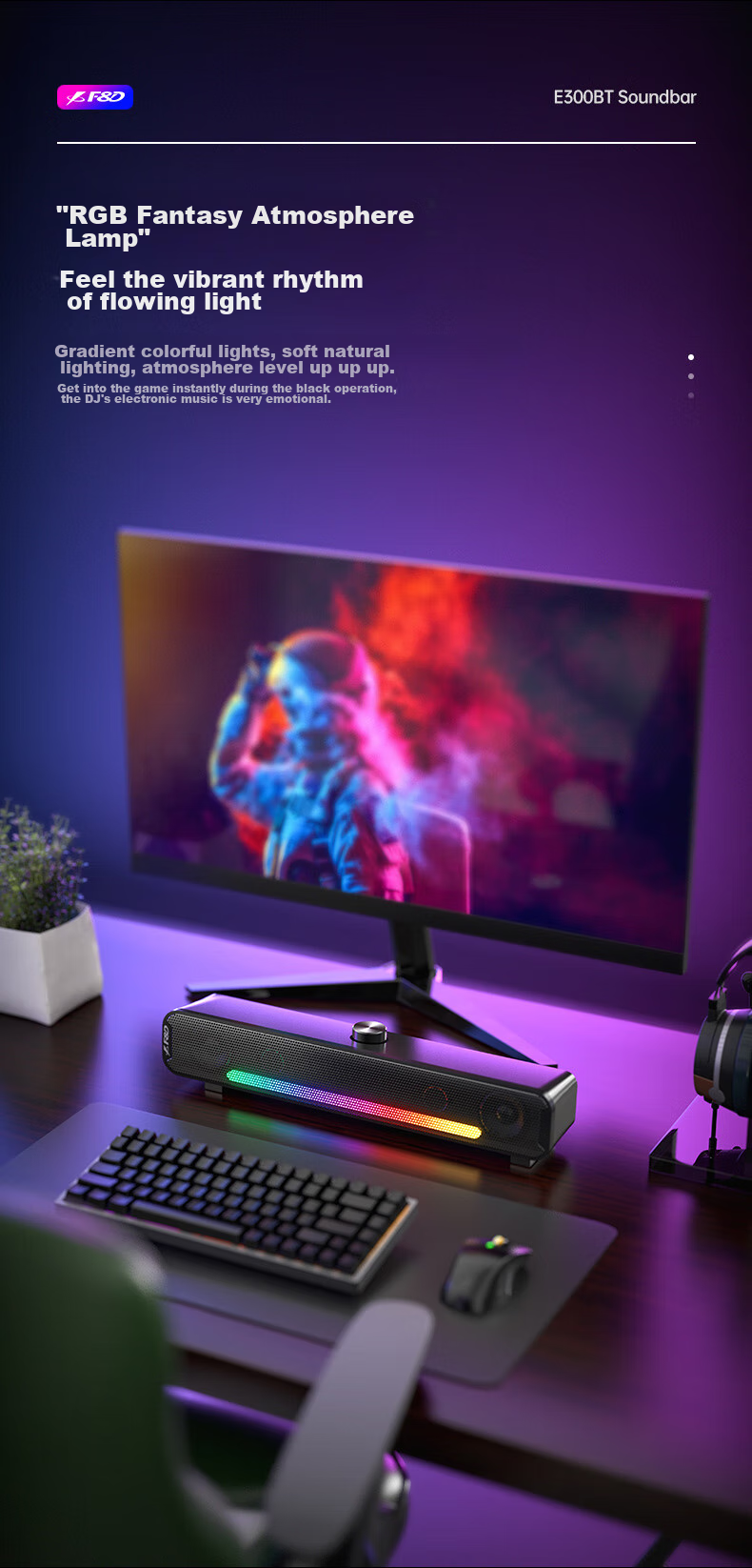F&D E300BT Desktop PS5 Gaming Speakers, Bluetooth/Wired Dual-Use, Stereo Sound, RGB Colorful Lighting, Desktop And Laptop Long Bar Speaker 4