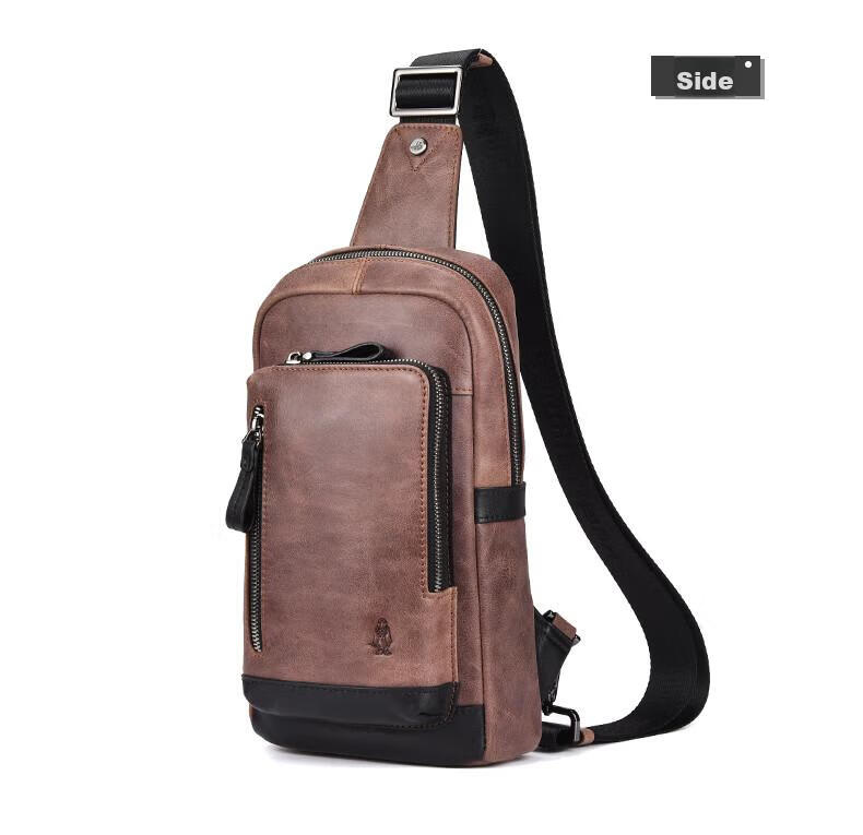 Hush Puppies Crossbody Bag for Men, Niche Design Chest Pack, Casual Retro Genuine Leather Shoulder Bag, Sports Shoulder Bag, Coffee Color 12