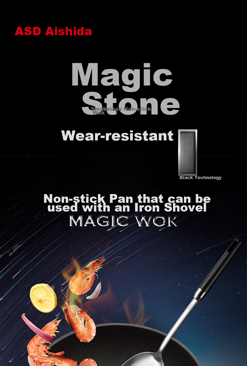 ASD Non-Stick Wok with Magic Stone, Smokeless Cooking Pan, Titanium Pan, Suitable for Gas Stove And Induction Cooker, 30cm, Fits 3-5 People 1
