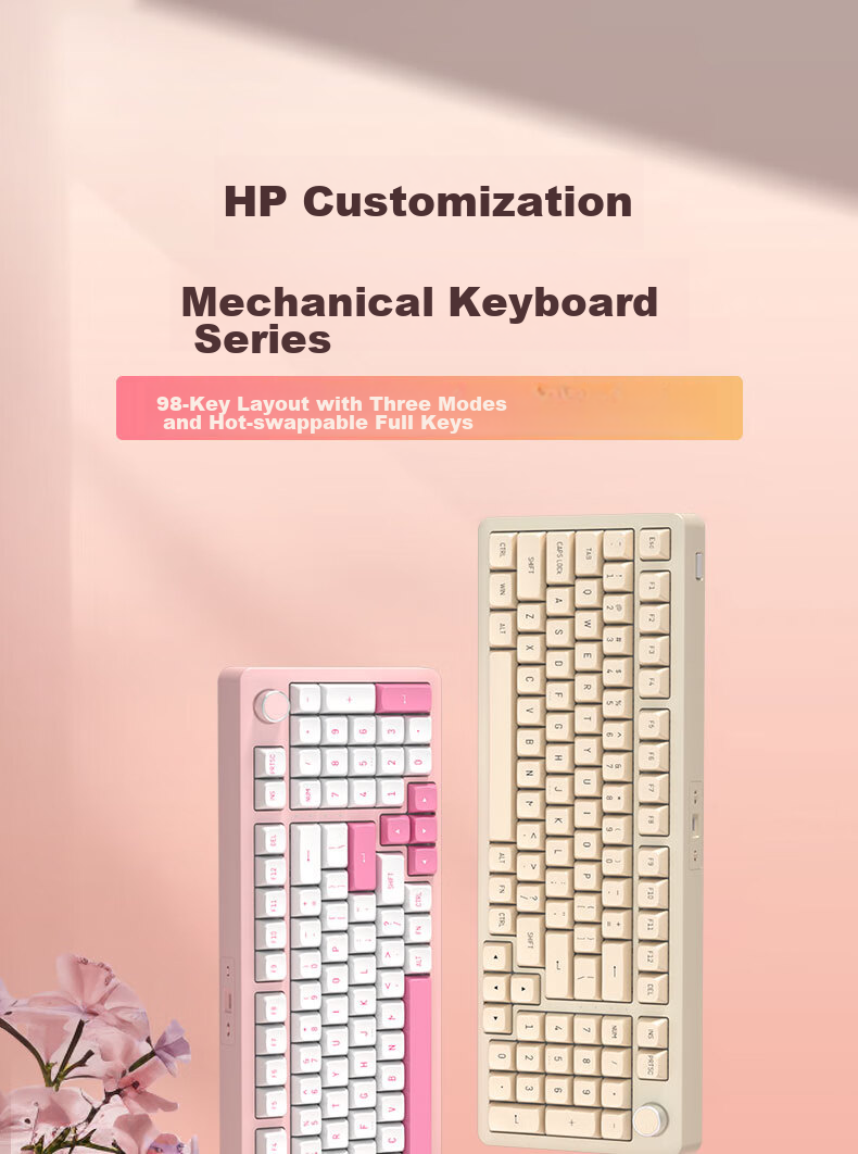 HP K10G-98 Custom Mechanical Keyboard, E-Sports Gaming Bluetooth Wireless Tri-Mode Keyboard, 98-Key Layout with Knob, Full Hot-Swappable Keys 1