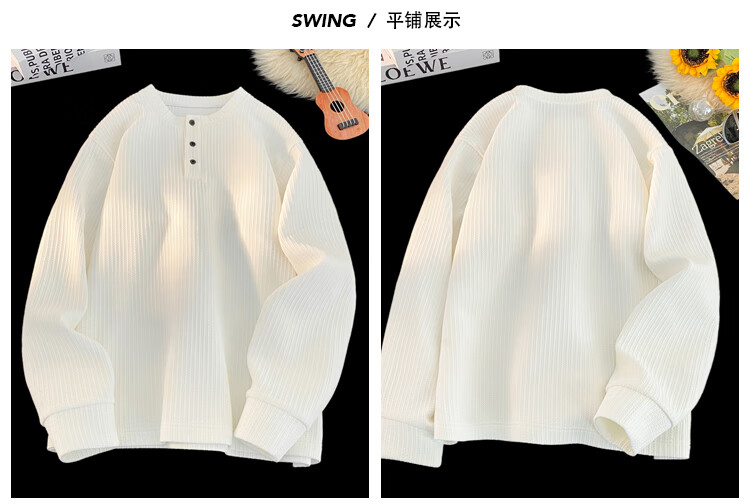 MMOPTOP American Style Henry Collar Long Sleeve T-Shirt Autumn Winter Men's Textured Solid Color Base Shirt MTX20 White XL 2