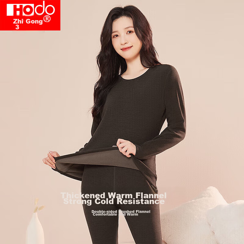 Hodo Thermal Underwear for Women, Fleece-Lined And Thickened, Anti-Static Autumn Top And Bottom Base Layer Thermal Set, Charcoal Gray