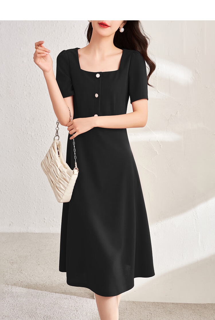 Sentubila Short-Sleeve Dress for Women, Summer Vintage Hepburn Style Elegant Office Dress, Mid-Length A-Line Skirt, Elegant Black, Size S 9