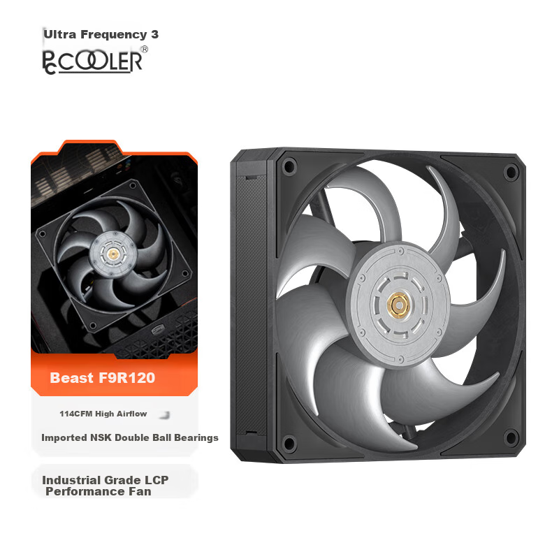 PCCOOLER Beast F9R120, Full LCP Industrial Grade High Performance High Air Pressure 12cm Computer Cooling Fa