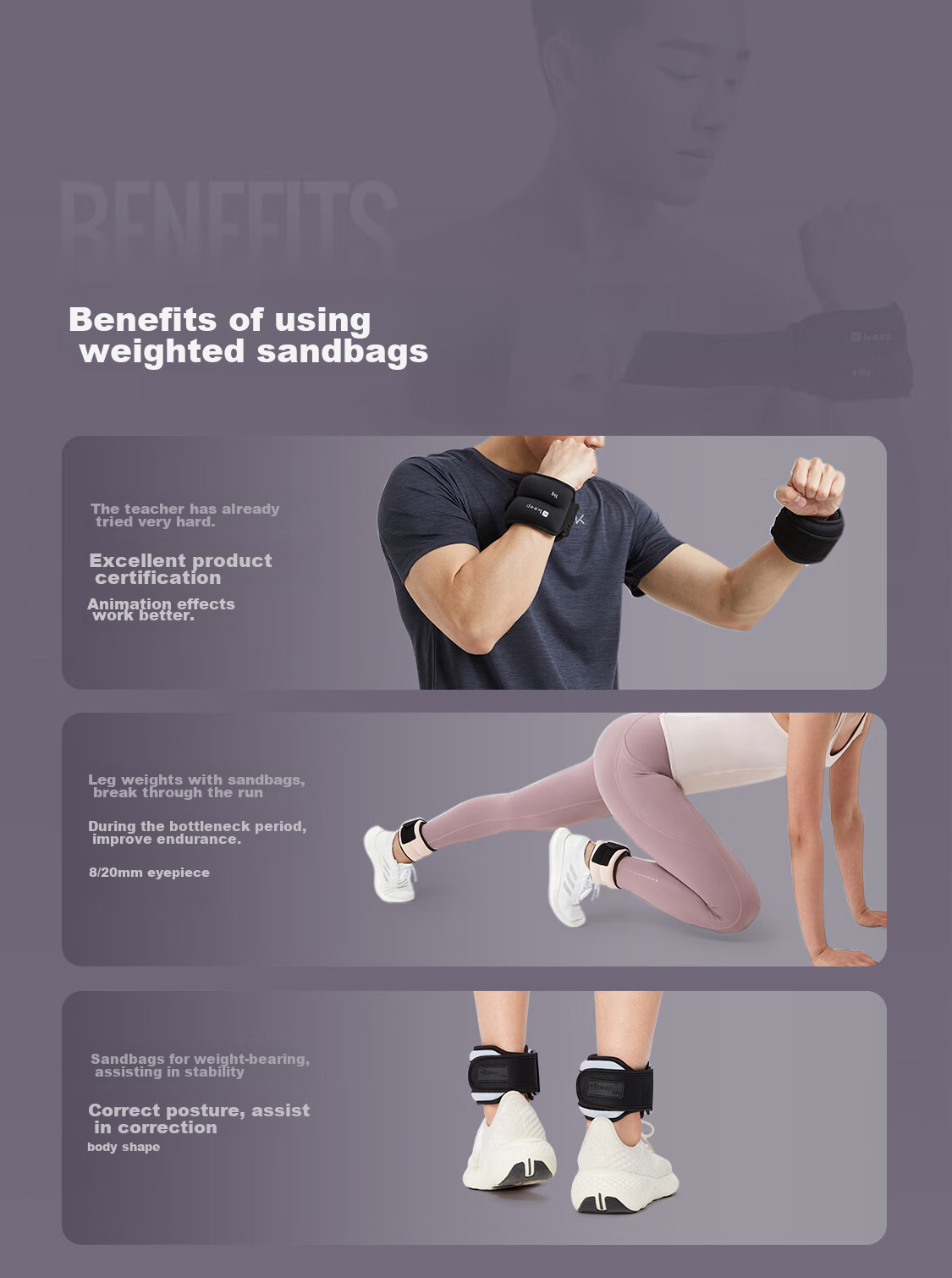 Keep Weighted Sandbags, Leg Straps, Wrist Weights, Running Training Equipment for Students' Middle School Entrance Exam Preparation, Purple, 1kg*2 1